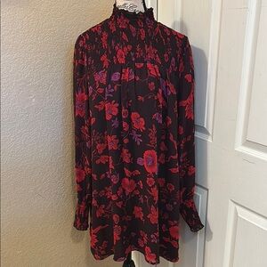 Sanctuary Red and Purple Floral mini dress with high neck, elasticized sleeve